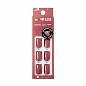 A package of imPRESS press-on nails in a reddish-brown color. The box contains 30 nails and is labeled "The No Glue Mani" with "Peel & Press" and "Improved Adhesive" noted on the front.