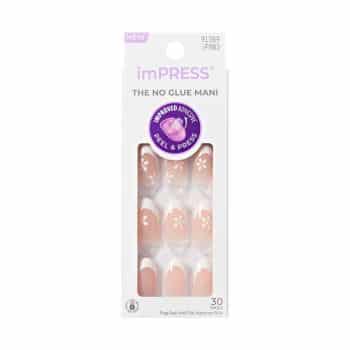 A box of imPRESS press-on nails in a pale pink color with small white flower designs, featuring "The No Glue Mani" and "Peel & Press" on the packaging. The box contains 30 nails.