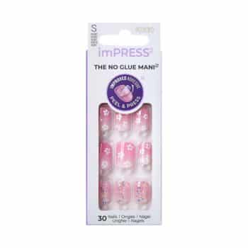 A package of imPRESS press-on nails featuring pink nails with white flower designs. The box highlights "No Glue Mani" and shows 30 nails. The top mentions "improved adhesive," "peel & press," and the size S.