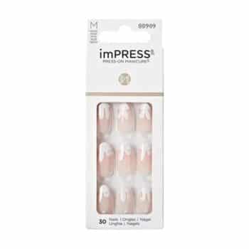 A package of imPRESS press-on manicure nails with a pink base and white abstract tips. The box contains 30 nails and displays the product through a clear window.