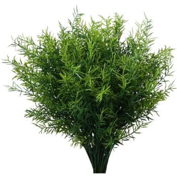 A dense bunch of artificial green foliage stems with narrow, pointed leaves, arranged in a spherical shape against a white background.