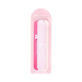 A pink and white nail file set in clear plastic packaging with a rounded top. The packaging has the Olive & June logo and text indicating it is an essential nail file set.