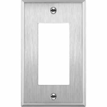 Brushed metal single-gang wall plate with a rectangular opening in the center and two screws, one at the top and one at the bottom.