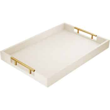A rectangular white serving tray with gold metal handles on each short side, set against a plain background.