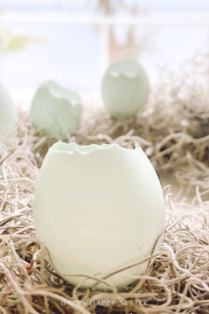 A close-up of a pale blue eggshell with a cracked top, resting on dried straw or grass. More cracked eggshells are blurred in the background, creating a soft and airy atmosphere.