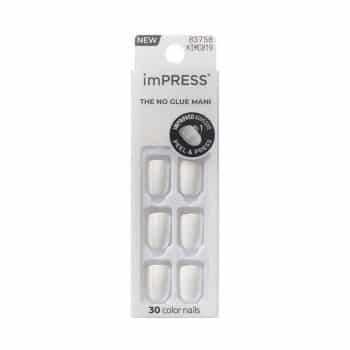A package of imPRESS press-on nails with six nails visible through a clear window. The package says "The No Glue Mani" and contains 30 color nails. The packaging is white with black and silver text.