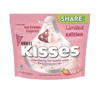 A pink bag of Hershey's Kisses, limited summertime edition, strawberry ice cream cone flavor. Perfect for sharing or adding a sweet twist to your favorite cherry blossom cookie recipe. "Share Pack" and "Ice Cream Inspired" text on the bag.