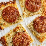 Four square slices of homemade onion ring pizza recipe on parchment paper, each topped with melted cheese, herbs, onions, a slice of pepperoni, and crispy edges where the cheese is browned.