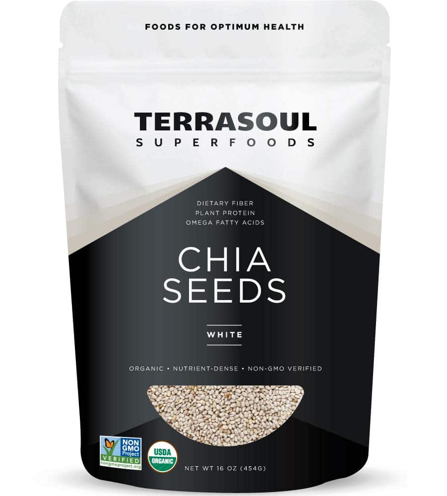 A package of Terrasoul Superfoods White Chia Seeds, 16 oz. The bag highlights benefits like dietary fiber, plant protein, and omega fatty acids—perfect for boosting an overnight oats recipe. Features organic, non-GMO, and USDA Organic certification labels.