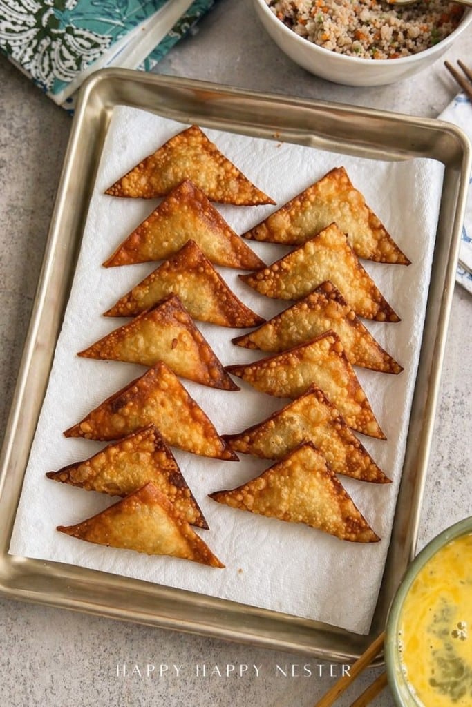 Golden brown, crispy triangle-shaped wontons from a classic fried wonton recipe are arranged neatly in rows on a paper towel-lined baking sheet, with bowls of food visible in the corners of the image.