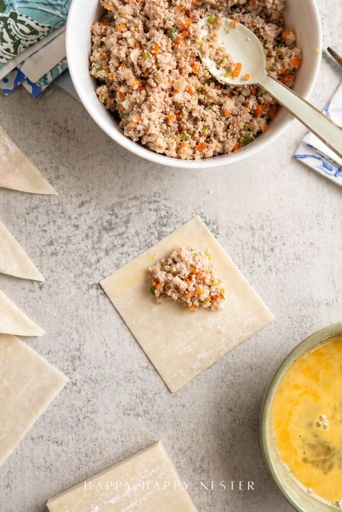 A bowl of ground meat and vegetable mixture with a spoon sits next to a wonton wrapper topped with filling, surrounded by other wrappers and a bowl of beaten egg—perfect for assembling your favorite fried wonton recipe.