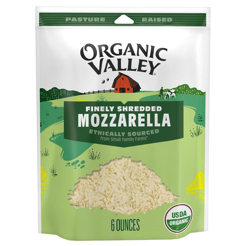 A bag of Organic Valley finely shredded mozzarella cheese, labeled as ethically sourced and USDA organic, perfect for topping your favorite onion ring pizza. The packaging features a red barn and green fields. The bag contains 6 ounces.