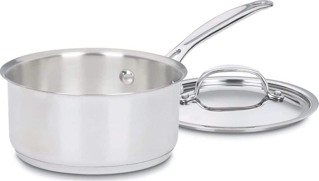 A stainless steel saucepan with a long handle, shown next to its matching lid on a plain white background—perfect for preparing sauces or trying out your favorite fried wonton recipe.