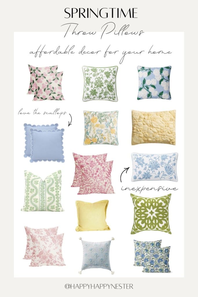 A collage of twelve decorative springtime throw pillows in floral, paisley, and geometric patterns in pastel pink, green, blue, and yellow shades, arranged on a white background with stylish handwritten labels.