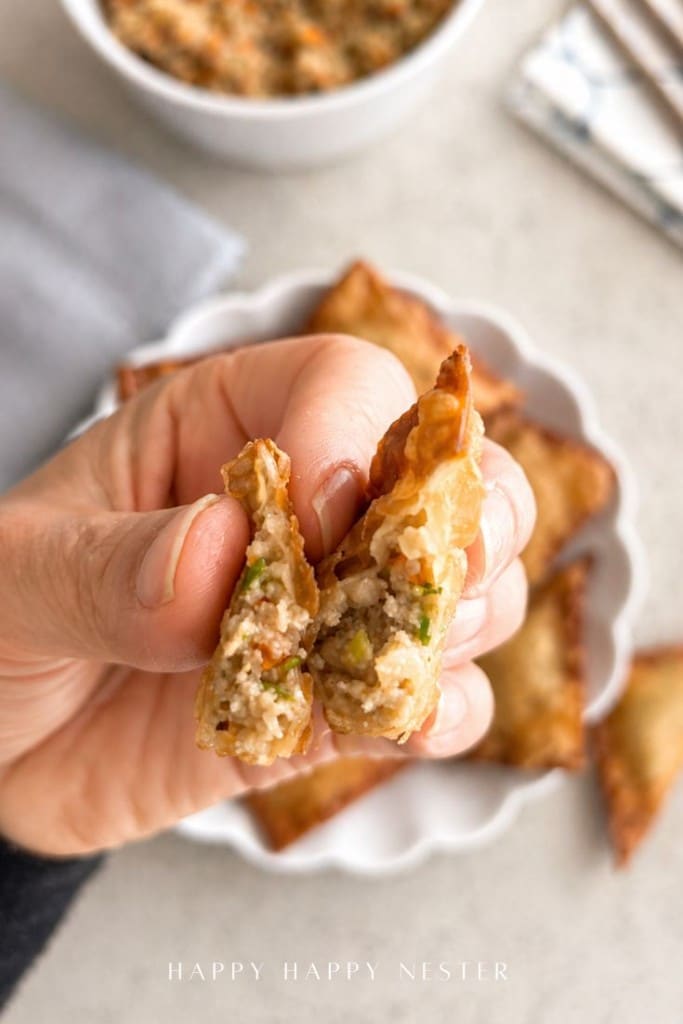 A hand holds a crispy wonton split in half, revealing a savory filling of vegetables and meat. In the background, more wontons and a bowl of dip hint at this delicious fried wonton recipe.