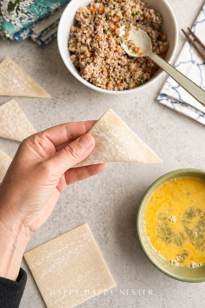 A hand holds a triangle of wonton wrapper above a table with a bowl of filling, beaten egg, and other wonton wrappers, preparing to make filled dumplings.