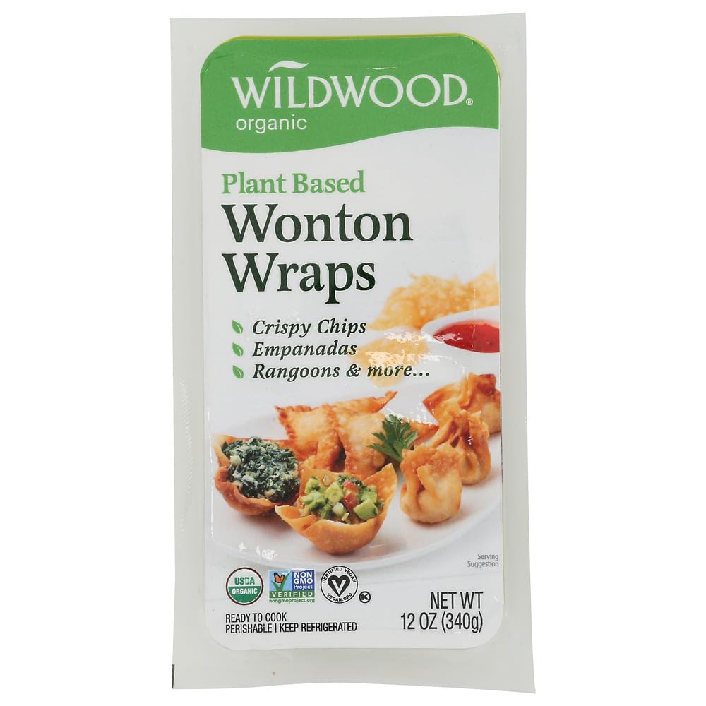 A package of Wildwood Organic Plant Based Wonton Wraps, featuring images of appetizers made with the wraps. The package highlights uses like crispy chips, empanadas, and even a fried wonton recipe. Contains 12 oz (340g).