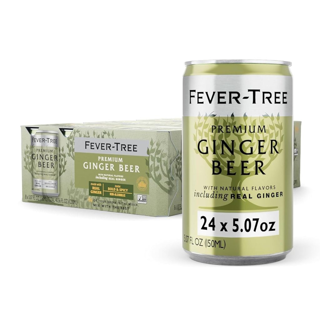 A can of Fever-Tree Premium Ginger Beer sits in the foreground, with a 24-pack box behind it. The green and yellow packaging highlights natural flavors and real ginger—perfect for your favorite ginger beer mocktail recipe.