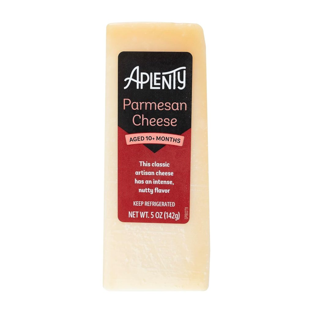 A block of Aplenty Parmesan Cheese, aged 10+ months, in 5 oz (142g) packaging. A classic artisan cheese with an intense, nutty flavor—perfect for topping your favorite simple pasta sauce recipe. Keep refrigerated.