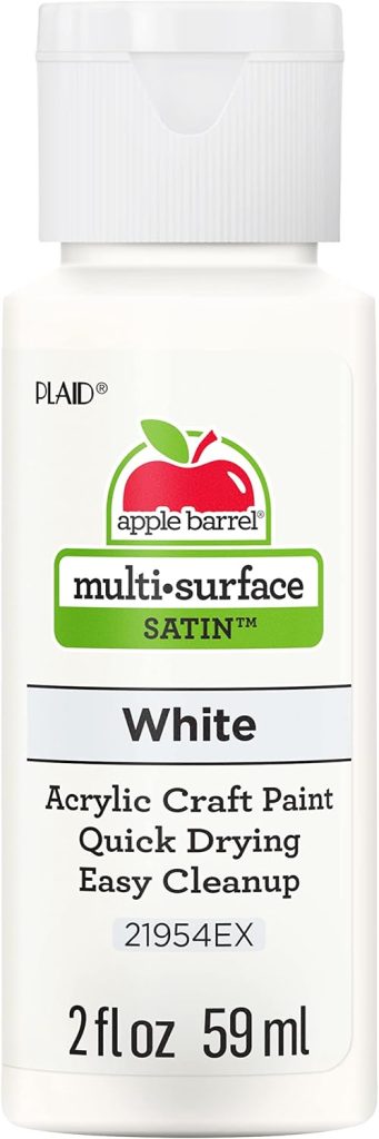 A 2 fl oz (59 ml) bottle of Apple Barrel multi-surface satin acrylic craft paint in white—perfect for quick-drying, easy cleanup projects like an oyster shell wreath DIY. Suitable for various surfaces.