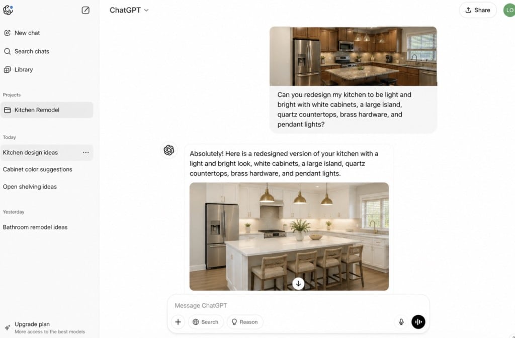 Screenshot of a ChatGPT conversation showing a kitchen remodel request and AI response with images of a modern kitchen featuring white cabinets, a large island, quartz countertops, brass hardware, and pendant lights.