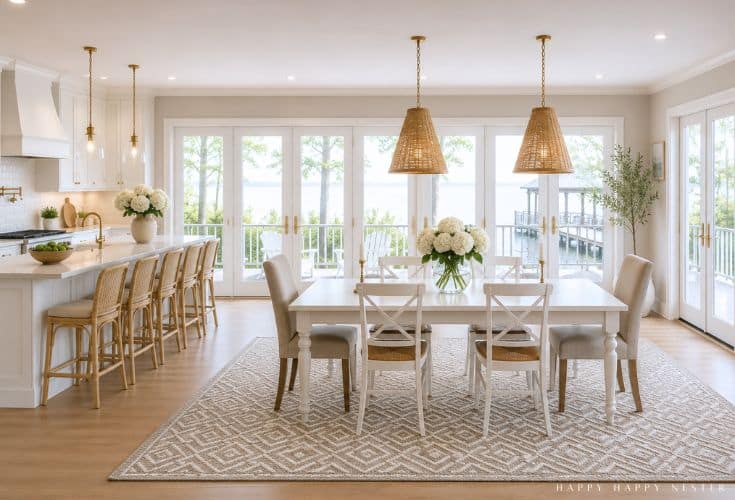 Bright, airy dining area with a white table, eight chairs, and a patterned rug, next to a kitchen island with wicker stools. Large windows overlook a lake and greenery; woven pendant lights hang above.