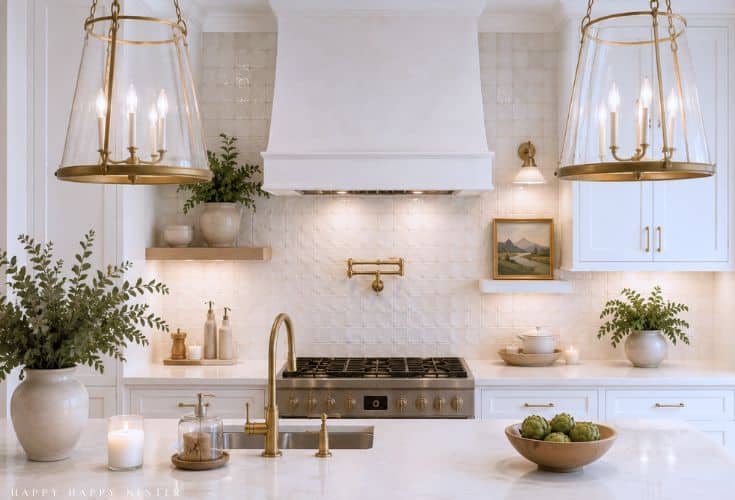 Bright, elegant kitchen with white cabinets, marble countertops, gold accents, a gas stove, decorative range hood, glass pendant lights, potted greenery, a framed landscape painting, and ceramic vases.