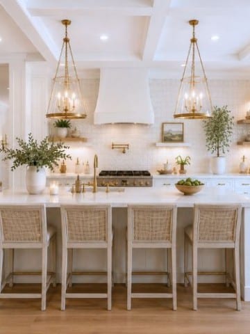 Bright, modern kitchen with white cabinetry, a large island with four woven stools, gold pendant lights, stainless steel appliances, and large windows letting in natural light, with greenery and decorative accents throughout.