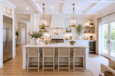 Bright, modern kitchen with white cabinetry, a large island with four woven stools, gold pendant lights, stainless steel appliances, and large windows letting in natural light, with greenery and decorative accents throughout.