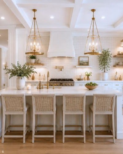 Bright, modern kitchen with white cabinetry, a large island with four woven stools, gold pendant lights, stainless steel appliances, and large windows letting in natural light, with greenery and decorative accents throughout.