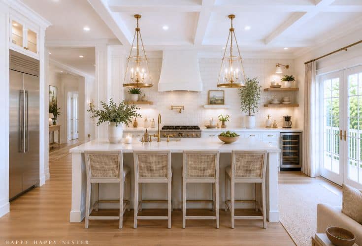Bright, modern kitchen with white cabinetry, a large island with four woven stools, gold pendant lights, stainless steel appliances, and large windows letting in natural light, with greenery and decorative accents throughout.