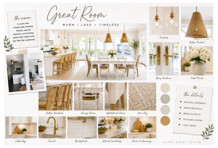 Mood board for a great room design, featuring neutral tones, wicker and brass accents, lighting fixtures, furniture samples, fabric swatches, and detailed descriptions for a warm, timeless lake house style.