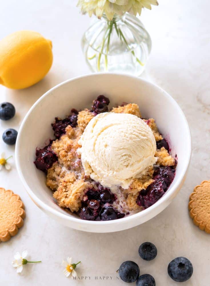 A bowl of blueberry crumble topped with a scoop of vanilla ice cream, surrounded by blueberries, lemon, cookies, and a vase with white flowers on a light surface.