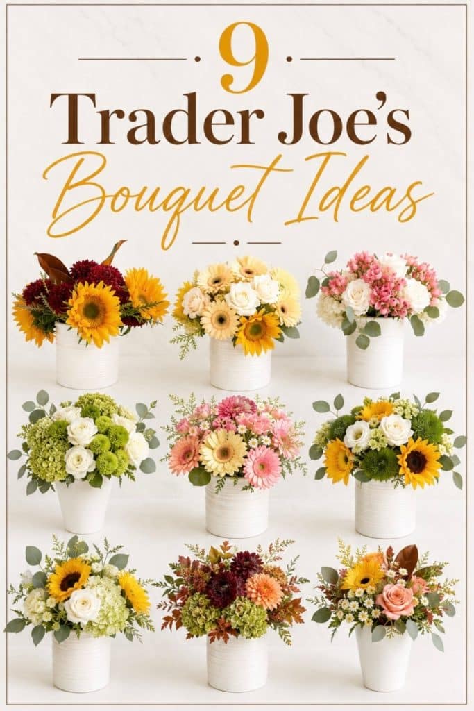 Nine colorful flower bouquets in white vases are displayed in a 3x3 grid. The text above reads “9 Trader Joe’s Bouquet Ideas” in large, stylish fonts on a light background.