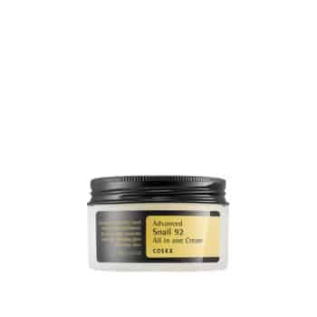 A jar of COSRX Advanced Snail 92 All in One Cream with a black lid and yellow label, featuring product name and description on the front.
