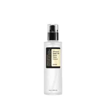 A clear bottle with a black pump dispenser labeled “Advanced Snail 96 Mucin Power Essence” by COSRX, on a white background.