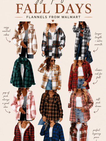 Nine women modeling different Walmart flannel shirts in various colors and patterns with text describing each style, all on a beige background with a fall fashion theme.