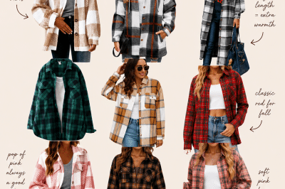 Nine women modeling different Walmart flannel shirts in various colors and patterns with text describing each style, all on a beige background with a fall fashion theme.