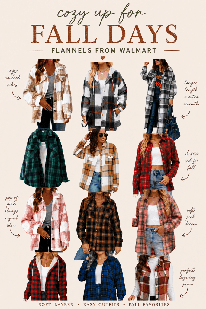 Nine women modeling different Walmart flannel shirts in various colors and patterns with text describing each style, all on a beige background with a fall fashion theme.