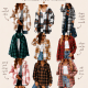 Nine women modeling different Walmart flannel shirts in various colors and patterns with text describing each style, all on a beige background with a fall fashion theme.