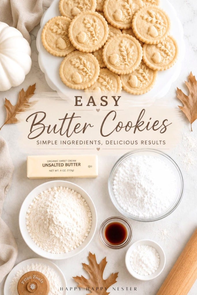 Ingredients for butter cookies are arranged on a white surface, including flour, powdered sugar, butter, and vanilla. A plate of decorated cookies sits at the top, with autumn-themed decor nearby. Text reads “Easy Butter Cookies.”.
