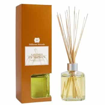 A box labeled “Gilded Pumpkin” next to a clear glass diffuser bottle filled with yellow liquid and several reed sticks sticking out from the top.