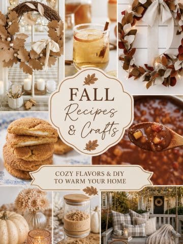 Collage of autumn decor, crafts, drinks, cookies, chili, and cozy home scenes with &ldquo;Fall Recipes & Crafts&mdash;Cozy Flavors & DIY to Warm Your Home&rdquo; written in the center on a beige sign with fall leaves&mdash;perfect inspiration for your next Saturday Chitchat about Fall Crafts and seasonal treats.
