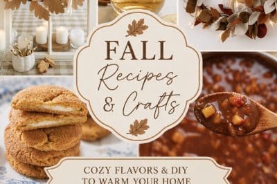 Collage of autumn decor, crafts, drinks, cookies, chili, and cozy home scenes with “Fall Recipes & Crafts—Cozy Flavors & DIY to Warm Your Home” written in the center on a beige sign with fall leaves—perfect inspiration for your next Saturday Chitchat about Fall Crafts and seasonal treats.