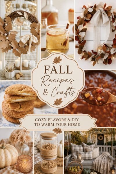 Collage of autumn decor, crafts, drinks, cookies, chili, and cozy home scenes with “Fall Recipes & Crafts—Cozy Flavors & DIY to Warm Your Home” written in the center on a beige sign with fall leaves—perfect inspiration for your next Saturday Chitchat about Fall Crafts and seasonal treats.