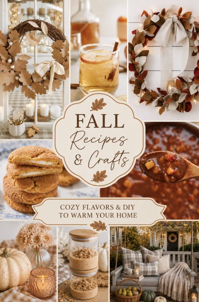 Collage of autumn decor, crafts, drinks, cookies, chili, and cozy home scenes with “Fall Recipes & Crafts—Cozy Flavors & DIY to Warm Your Home” written in the center on a beige sign with fall leaves—perfect inspiration for your next Saturday Chitchat about Fall Crafts and seasonal treats.