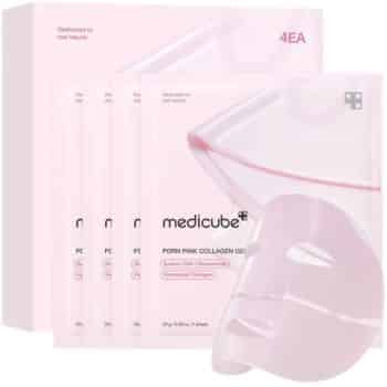 Four pink medicube PDRN Pink Collagen Gel Mask packets are displayed, with one translucent pink gel mask partially pulled out, showing the sheet mask’s face shape. The packaging highlights collagen and hydrating ingredients.