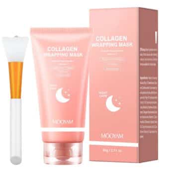 Pink tube labeled “Collagen Wrapping Mask” with a matching box and a white brush with an orange handle, all set against a white background.