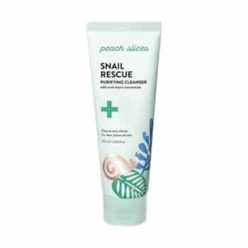 A tube of Peach Slices Snail Rescue Purifying Cleanser with decorative leaves and a snail illustration on the front, standing upright on a white background.