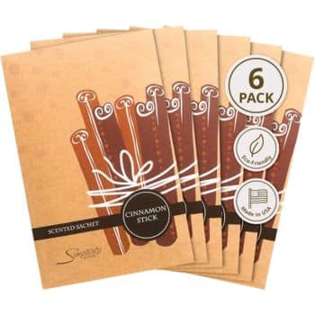 Six cinnamon stick scented sachet packets are fanned out, showing labels for “6 Pack,” “Eco-Friendly,” “Made in USA,” and “Cinnamon Stick” on brown packaging with illustrated cinnamon sticks.